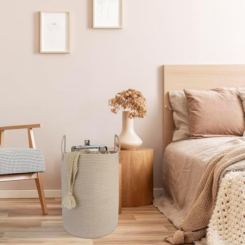Woven Cotton Rope Laundry Basket Hamper, 16" x 22" Large Oatmeal - Image 5