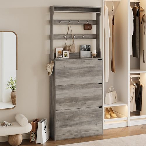 Wodeer Tall Shoe Cabinet with Coat Rack, Hidden Shoe Storage Cabinet with Doors & Drawer, Hanging Bar & Hooks, Slim Narrow Freestanding Shoe Rack Organizer for Entryway, Hallway & Living Room, Grey - Image 4