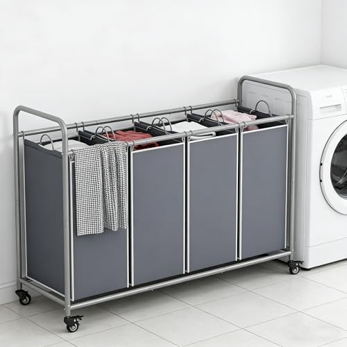 LINZINAR 4 Section Laundry Hamper, Grey Laundry Basket, 180L Laundry Sorter - Image 4