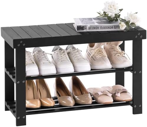 Apicizon Bamboo Shoe Rack Bench, 3-Tier Entryway Organizer, Black by APICIZON