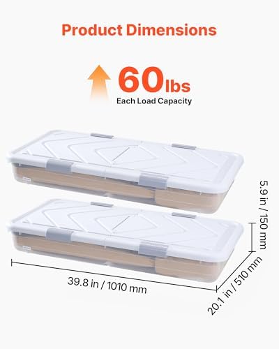 VEVOR Under Bed Storage with Wheels, 39.8 x 20.1 x 5.9 inch Underbed Containers, Underbed Shoes Organizer with Lid & Gray Latch, Rolling Under the Bed Storage Bins for Clothes Shoes Blankets, 2 Pack - Image 3