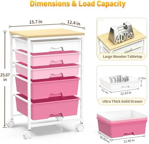 SUNALLY Rolling Carts With 5 Drawers, Storage Drawer Carts for Craft, Pink - Image 2