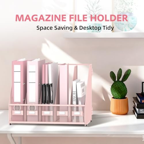 5 Vertical Compartments Magazine File Holder, Metal Binder Organizer, Pink - Image 4