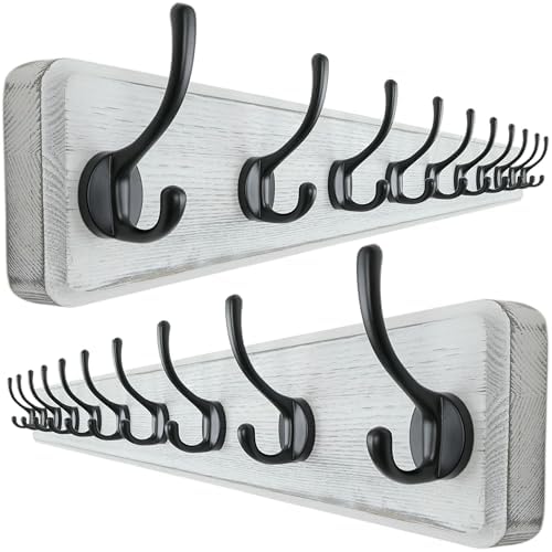 Dseap Wall Mounted Coat Rack: 38-1/4" Long, Patented, Heavy-Duty, 10-Double-Hooks Wooden Hanger Rail for Winter Coats, Hat, Jacket, Clothing - White & Black, Pack of 2 by Dseap