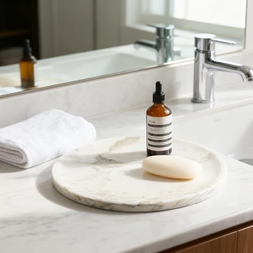 Karibiber Marble Serving Tray, 11.8in Round Vanity Tray for Bathroom Countertop, Calacatta Candle Holder for Coffee Table/Kitchen, Stone Home Decorative Catchall Tray for Perfume - Image 4