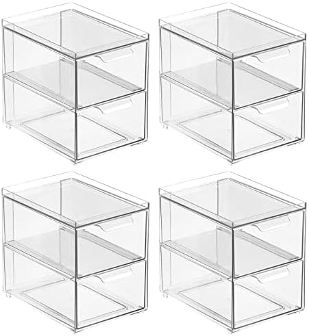 mDesign Stackable Storage Containers Box with 2 Pull-Out Drawers - Stacking Plastic Drawer Bins for Closet Organization, Linen, Coat, Bedroom or Entryway Closets - Lumiere Collection - 4 Pack, Clear by mDesign