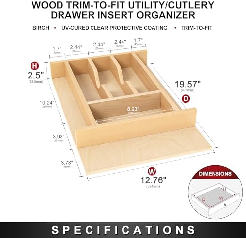 Clikuutory Natural Birch Wood Utensil Drawer Insert Organizer with 7 Compartments, Space-Saving Sturdy Drop-In Cutlery Divider Tray, Kitchen Cabinet Storage for Silverware, Spoons, Forks and Knives - Image 2