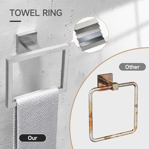 TQKAG Brushed Nickel Bathroom Hardware Accessories Set 10 Pieces, 23.6" SUS304 Stainless Steel Towel Bar Set Wall Mounted Includes Single Towel Bar, Towel Ring, Toilet Paper Holder, Double Towel Hooks - Image 5