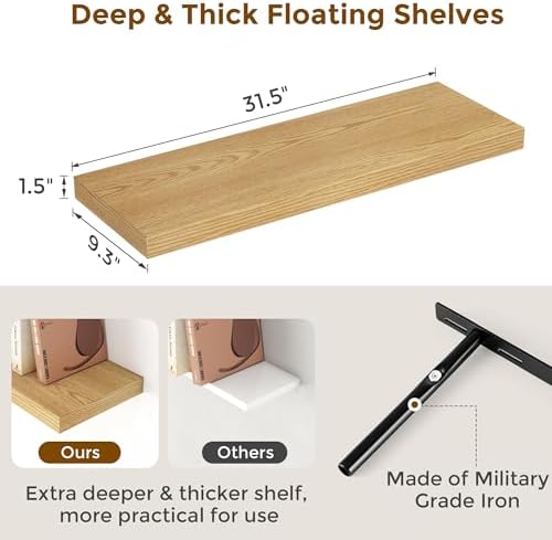 Fun Memories 32" W x 9.3" D Floating Shelves, Rustic Wood Deep Shelves for Bedroom, Kitchen, Living Room, Long Floating Shelf for Wall, Storage Display Wall Shelf for Books Decor, Oak - Image 3