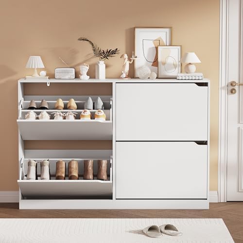 White Hidden Shoe Storage Cabinet for Entryway with 4 Flip Drawers by Boonatu