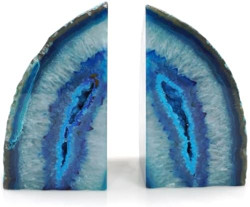 Natural Geode Bookends Pair - 3-4 lbs Heavy Duty Dyed Blue Agate, Non-Slip Crystal Bookends for Shelves | Vibrant Home Office Decor by XMHOME