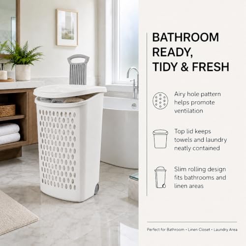 135L White Wheeled Plastic Laundry Hamper - Rolling Laundry Basket with Lid - Image 4