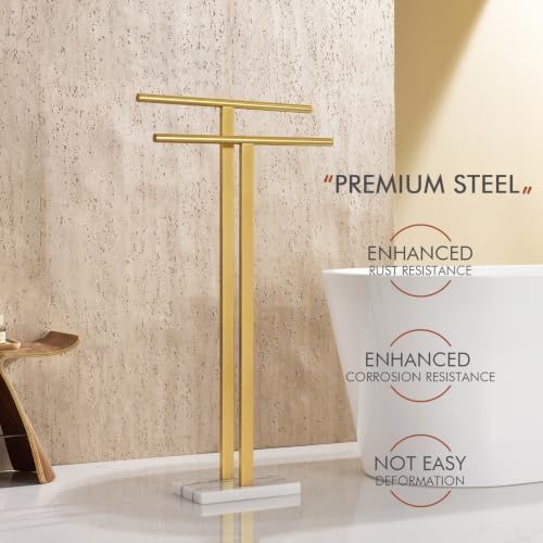 KOKOSIRI Standing Towel Rack for Bathroom Floor 2-Tier Towel Holder Free Stand with Heavy Marble Base Thicken Steady Design Gold Stainless Steel THS0005-BG - Image 6