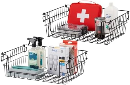 TRINITY Set of 2 19" Stackable Metal Wire Storage Baskets w Handles, Black - Image 6