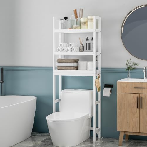 Over the Toilet Storage Cabinet, 3 Tier Over Toilet Bathroom Organizer with Adjustable Shelves and Adjustable Feet, Wood Bathroom Shelf with Anti Tip and Hooks for Space Saver, White - Image 3