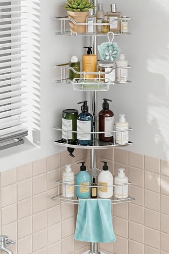 Corner Shower Caddy Tension Pole Rustproof, 4 Tier Adjustable Shower Organizer Tension Pole, 25-125 Inch Bathroom Shower Organizer for Bathtub Shampoo Storage, Silver by Dimyno
