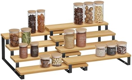 SONGMICS Display Risers, Set of 2 Engineered Wood Perfume Organizer Stand, 4-Tier Cupcake Stand Holder, Spice Rack, Shelf Risers for Figures, Dessert Shelves, Natural Beige and Ink Black UKCS216N01 - Image 7