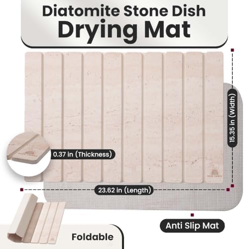Large Stone Dish Drying Mat For Kitchen Counter | Non-Slip, Super Absorbent Diatomaceous Dish Dry Matt | Rollable Stone Drying Mat For Kitchen Counter, Heat-Resistant, Travertine Beige Color - Image 2