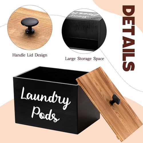 Dandat 3 Pcs Wood Laundry Pods Container Farmhouse Decoration Laundry Room Organization and Storage, Rustic Dryer Sheet Holder Scent Booster Container Set with Scoop(Black) - Image 3