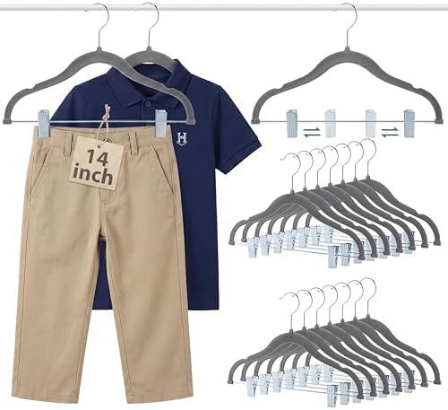 Vesici 14 Inch 15 + 30 Pcs Extra Large Kids Velvet Hangers with Movable Clips, Non Slip Felt Clothes Hangers for Kids and Preteens, Heavy Duty and Space Saving for Pants, Skirts, Coat, Gray by Vesici