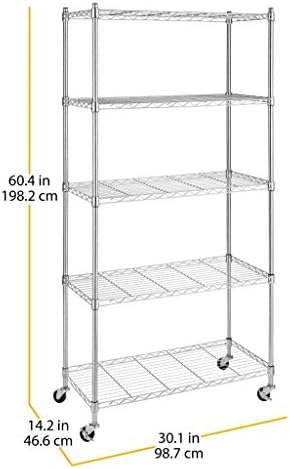 Whitmor 5 Tier Shelving Unit, Adjustable Storage Shelves with Wheels, 400 lbs Capacity per Shelf, Max 2000 lbs Total for Pantry, Kitchen, Garage, 30" L x 14" W x 60" H, Chrome - Image 3