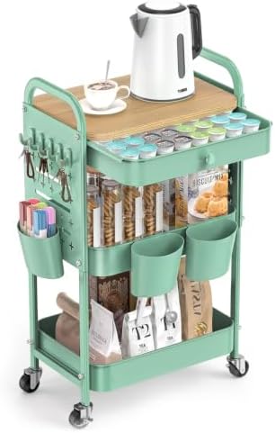 ALVOROG 3 Tier Metal Rolling Cart with Drawer,Wood Top,Pegboards,Green by ALVOROG