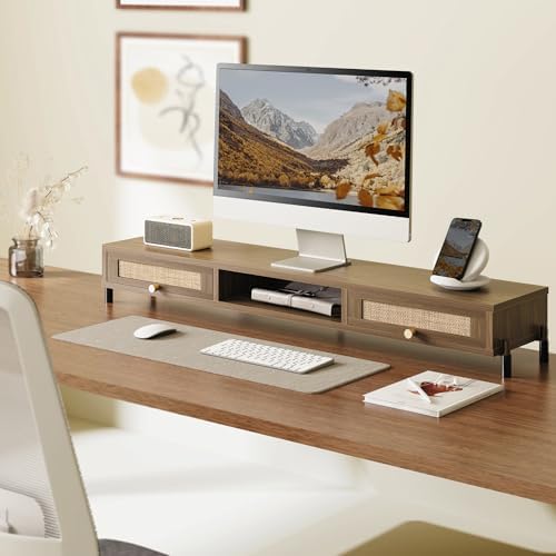 Fenge Dual Monitor Stand, Wooden Riser with Rattan Woven Flip Drawers - Image 2
