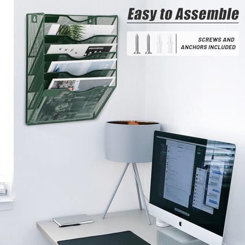 EASEPRES 5 Pocket Mesh Hanging File Organizer, Wall Mounted Mail Paper Document Folder Holder, Clipboard Storage Organization Magazine Rack with Nametag Label for Office Home School, Dark Green - Image 5