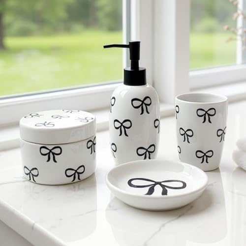 Pink Bathroom Set, 4 Pcs Ceramic Bathroom Accessory Sets - Soap Dispenser, Tumbler Toothbrush Holder, Vanity Soap Tray, Cotton Swab Jars - Pink Bathroom Decor Gift for Her (Black) by Luxape
