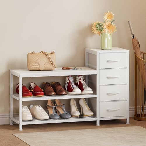 EXOTICA Industrial Shoe Storage Bench with 4 Drawers & Seat, White - Image 4