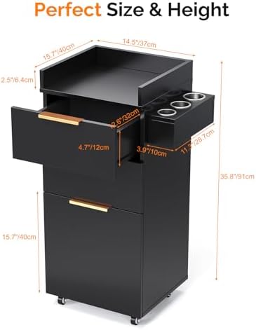 OmySalon Salon Cart with Wheels, 3-Tier Rolling Hair Styling Station, 2 Drawers & Adjustable Shelf, Hair Dryer Holder, Mobile Organizer for Salon, Barber, Spa, Nail & Beauty Tools, Black - Image 5