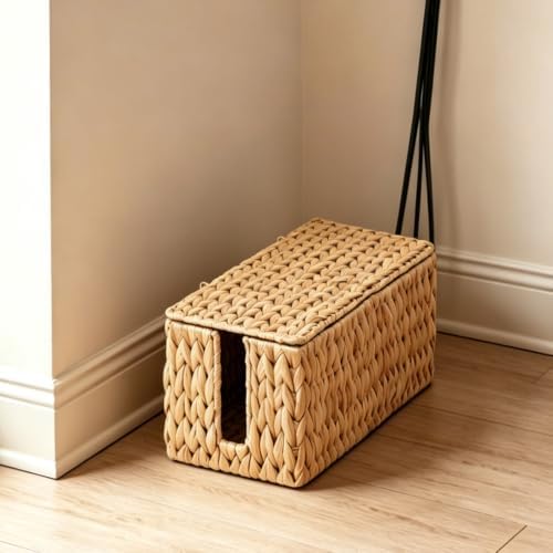 Cable Management Box, Small Cord Organizer Box for Power Strip | Handwoven Water Hyacinth Storage Basket with Metal Frame, Decorative Cable Organizer for Desk, Office, Living Room & Bedroom - Image 5