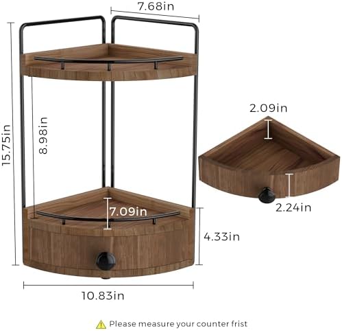 2-Tier Corner Bathroom Counter Organizer with Drawer, Dark Brown - Image 2