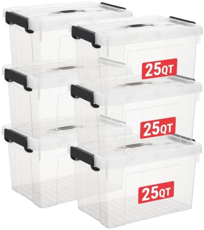 Cetomo Plastic Storage Bins with Handle, Storage Bin with Lids, Organizing Container, PP Box for Home Office, Clear, 25 Quart (Pack of 6) by Cetomo