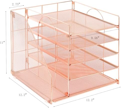 LEKETREE Desk Organizers and Accessories, 5-Tier Paper Letter Tray Organizer with File Holder, Desktop Organizer for Office Supplies (Rose Gold) - Image 4