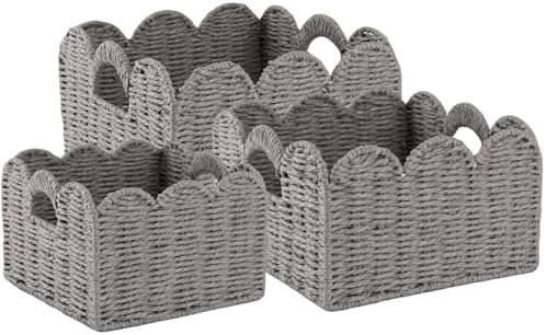 OIAHOMY Scalloped Wicker Baskets, Hand-woven Storage Baskets with Built-in Handles, Paper Rope Shelf Baskets for Organizing and Decoration, Set of 3-Grey by MasterofSpaceOptimization