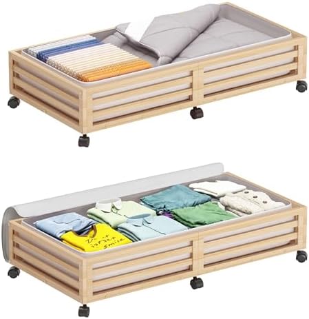 Wisuce 2 Packs Bamboo Under Bed Storage Organizer with Wheels Nature Large by Wisuce