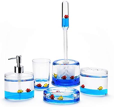 Locco Decor 5 Piece Acrylic Liquid 3D Floating Motion Bathroom Vanity Accessory Set Ocean Cartoon Animal Theme Nimo Fish Toothbrush Holder, Tumbler, Soap Dispenser, Soap Dish, Toiletbrush Holder Set by LoccoDecor