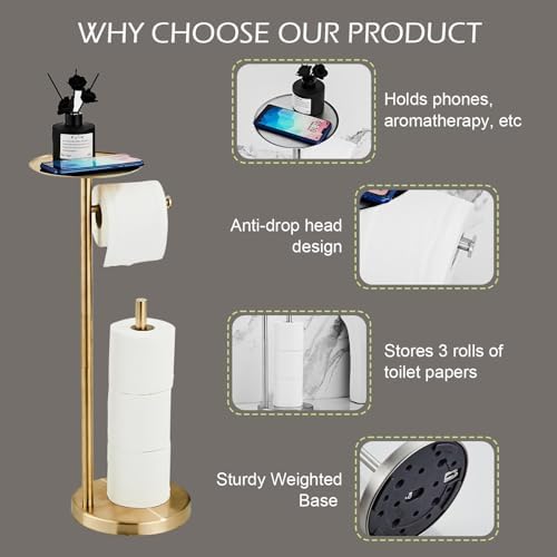 Toilet Paper Holder Stand Gold: Free Standing Tissue Roll Holder with Phone Shelf - Toilet Roll Dispenser Storages for 4 Rolls, Durable Stainless Steel for Bathroom - Image 2