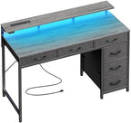 Huuger Gaming Desk with 6 Drawers, Computer Desk with LED Lights Power Outlets and Type-C, 39 Inch Office Desk with Storage, Monitor Stand, Writing & Work Desk for Home Office, Bedroom, Grey by Huuger