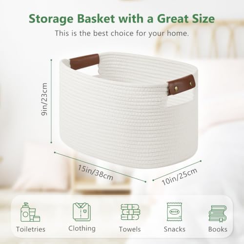 ECDYQXVU 15x10x9 Woven Cotton Rope Storage Basket, Leather Handles 3 Pack - Image 3