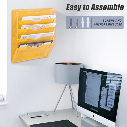 EASEPRES 5 Pocket Mesh Hanging Wall File Organizer, Wall Mounted Mail Paper Document Folder Holder, Clipboard Storage Organization Magazine Rack with Nametag Label for Office Home School, Yellow - Image 6