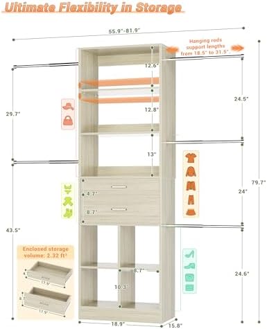Small Closet System, 3.2-6.8FT Small Closet Organizer with 2 Wooden Drawers & 5 Hanging Rods, Can Fit 37.5 to 81.9 inch Walk-in Closet System, Built-in, Greige Oak, Enclosed Storage Volume 2.32 ft³ - Image 2