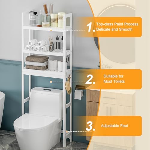 Over the Toilet Storage Cabinet, 3 Tier Over Toilet Bathroom Organizer with Adjustable Shelves and Adjustable Feet, Wood Bathroom Shelf with Anti Tip and Hooks for Space Saver, White - Image 5