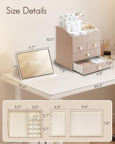 VLANDO Makeup Brush Holder with 4 Drawers,Toffee - Image 3