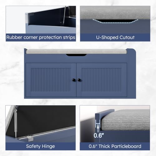 39.4" Storage Bench - Entryway Shoe Bench with Side Storage Shelves and 2 Doors, Multifunctional Entryway Bench with Lift Top Cushion, Shoe Storage Bench for Bedroom, Living Room, Navy Blue - Image 6