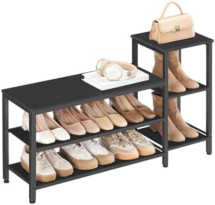 YATINEY 3-Tier Shoe Rack Bench, Wooden Shoe Storage Bench, Industrial Entryway Bench with Storage, Multi-Functional Shoe Rack with Seat for Bedroom, Hallway, Living Room, Black HX05BB by Yatiney