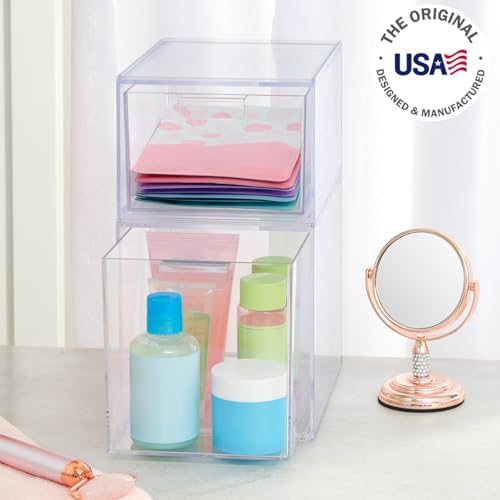 STORi Audrey Stackable Clear Bin Plastic Organizer Drawers | 2 Piece Set | Organize Cosmetics and Beauty Supplies on a Vanity | Made in USA - Image 4