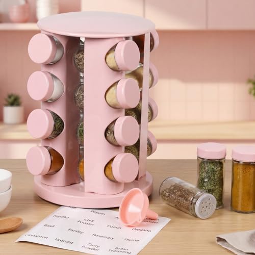Yungyan Pink Rotating Spice Rack with 16 Empty Jars and Labels by Yungyan