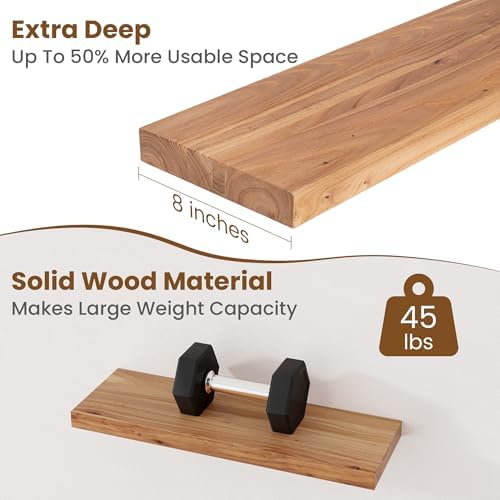 Floating Shelves for Wall Decor, 8" Deep Rustic Solid Elm Wood Floating Shelves Wall Mounted, Wall Shelves with Invisible Bracket for Living Room Bathroom Bedroom Kitchen, 24 Inch Set of 2, Natural - Image 5